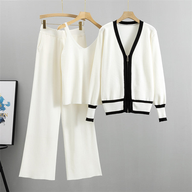 Zip Front Cardigan Cami And Pant Set - White