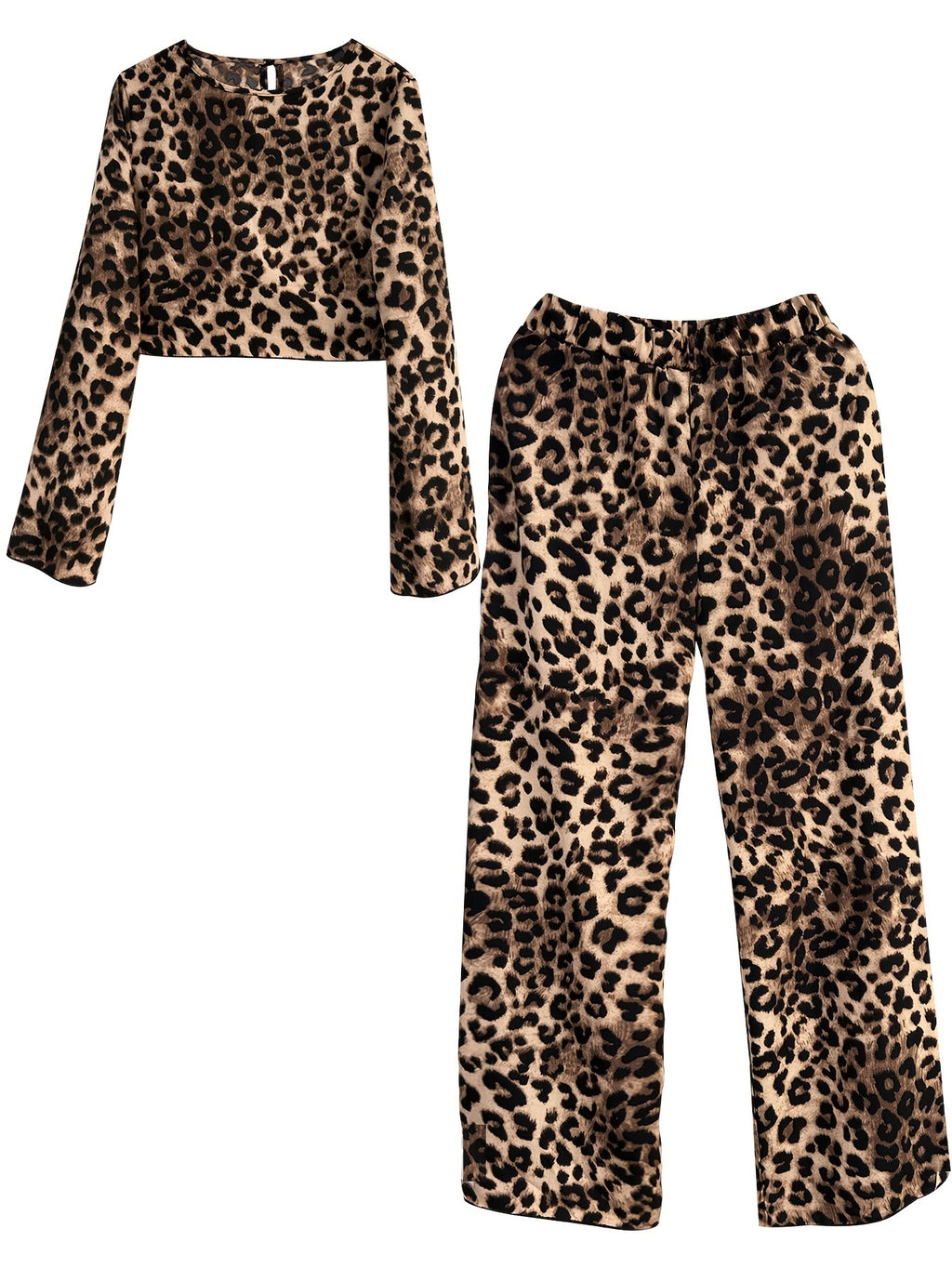 Leopard Print Crop Top and Wide Leg Set - Leopard