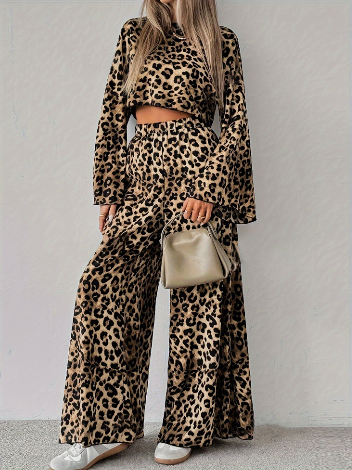 Leopard Print Crop Top and Wide Leg Set - Leopard - 2