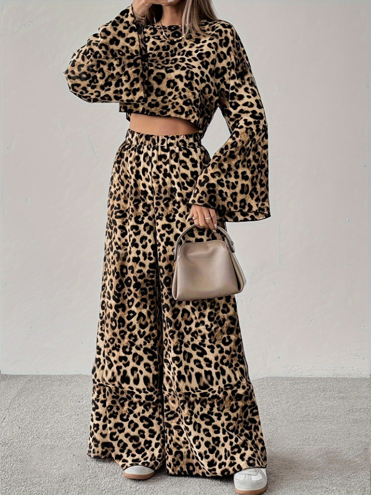 Leopard Print Crop Top and Wide Leg Set - Leopard - 3