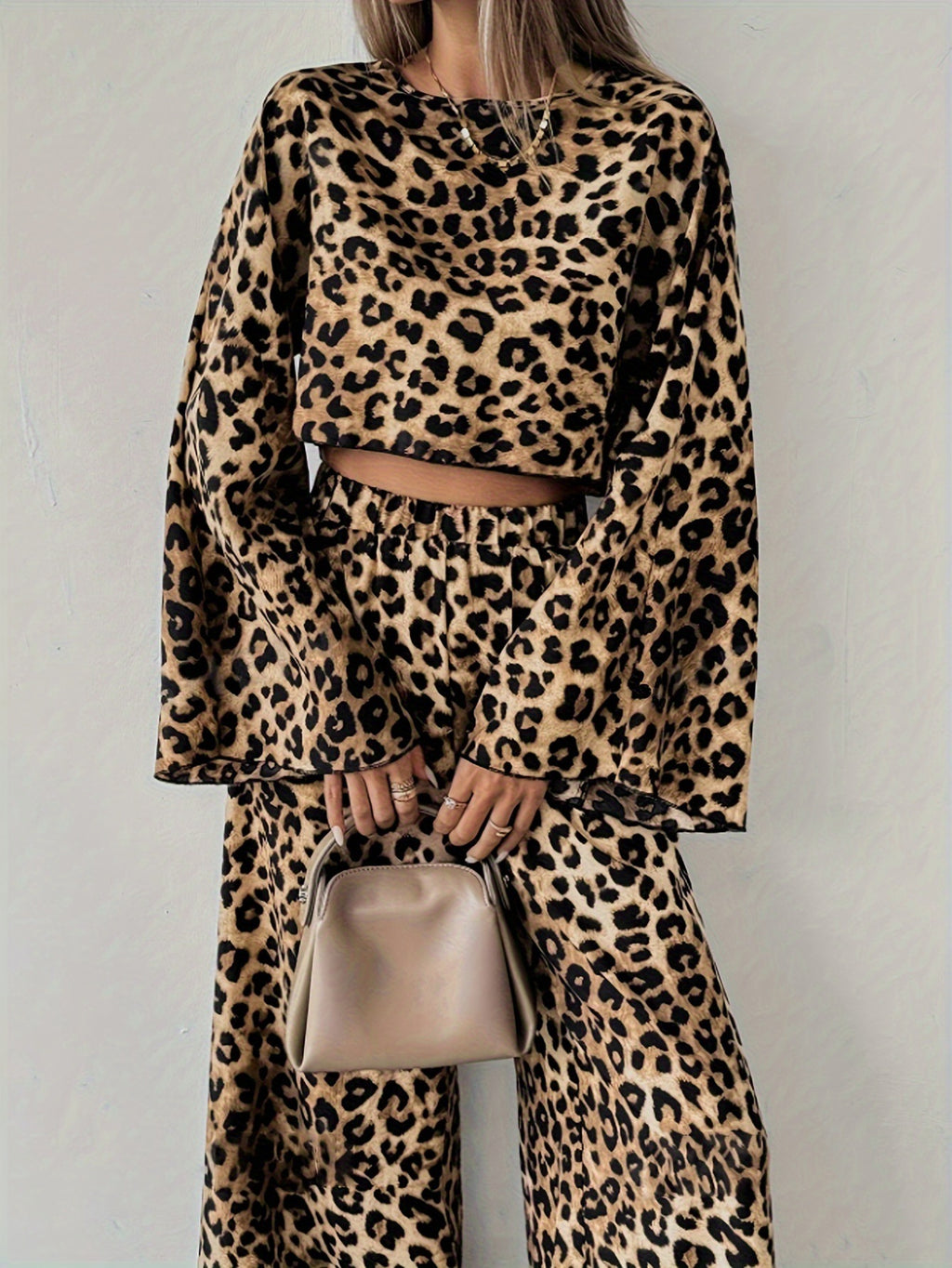 Leopard Print Crop Top and Wide Leg Set - Leopard - 5