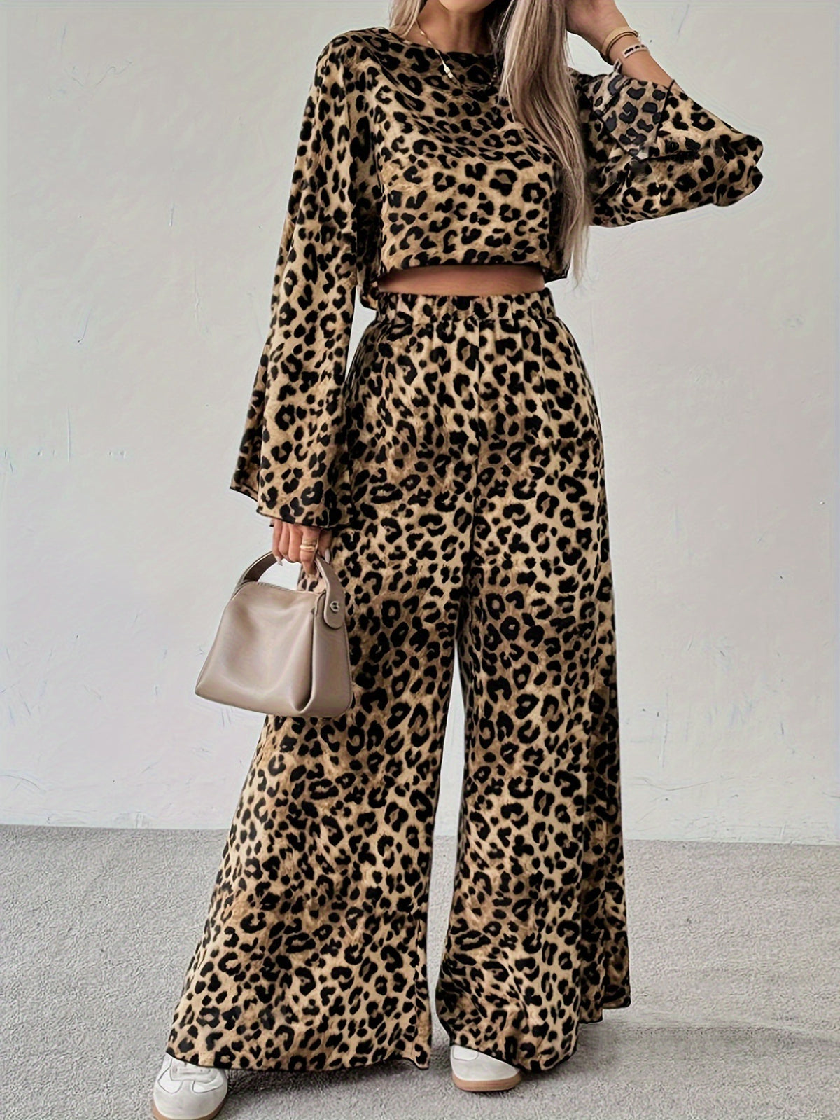 Leopard Print Crop Top and Wide Leg Set