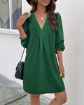 Pintuck V Neck Long Sleeve Shift Mini Dress - Green