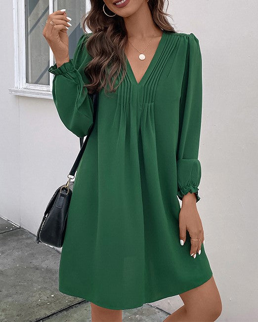 Pintuck V Neck Long Sleeve Shift Mini Dress - Green - 1