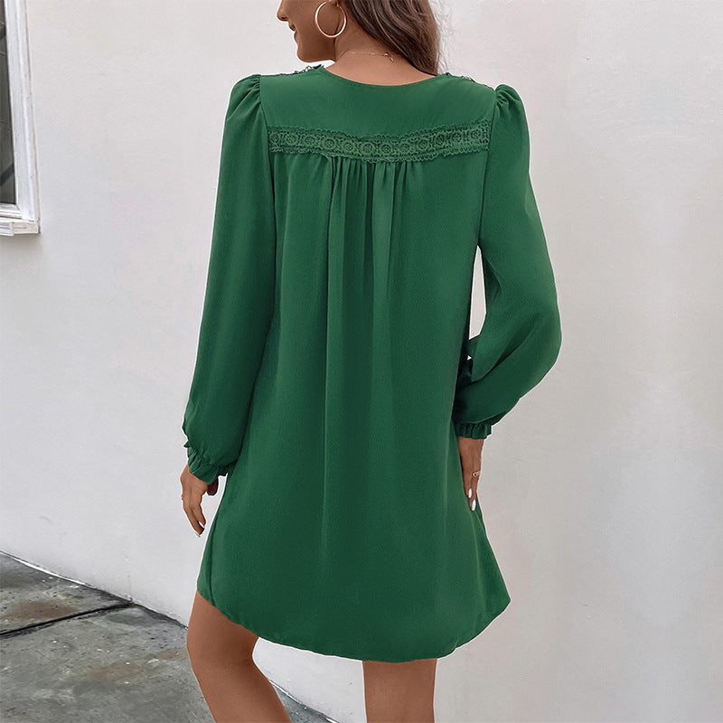 Pintuck V Neck Long Sleeve Shift Mini Dress - Green - 2