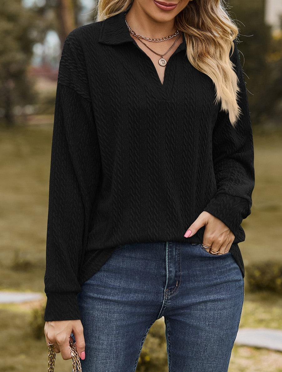 Textured Jacquard Collared V Neck Top - Black