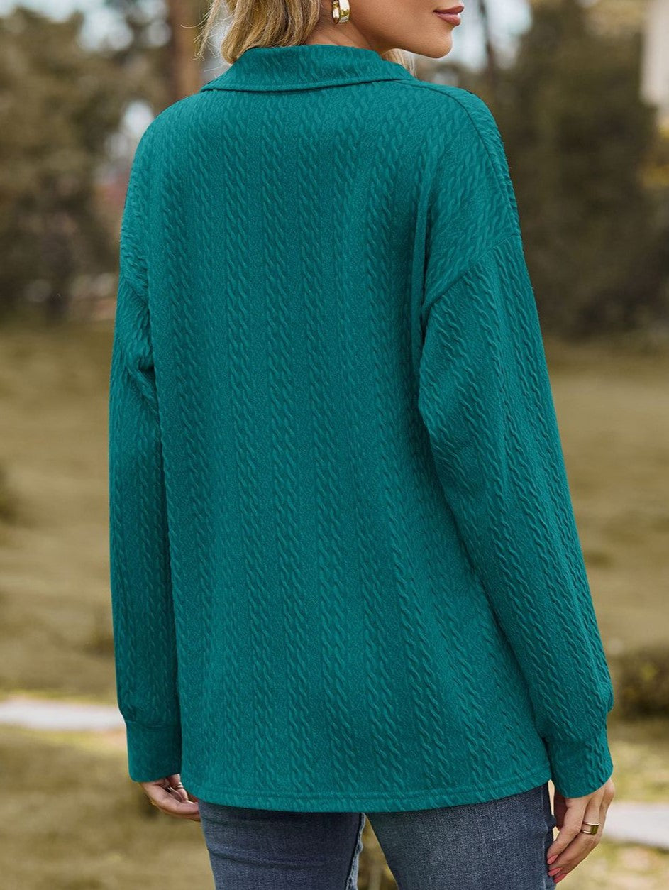 Textured Jacquard Collared V Neck Top - DarkGreen