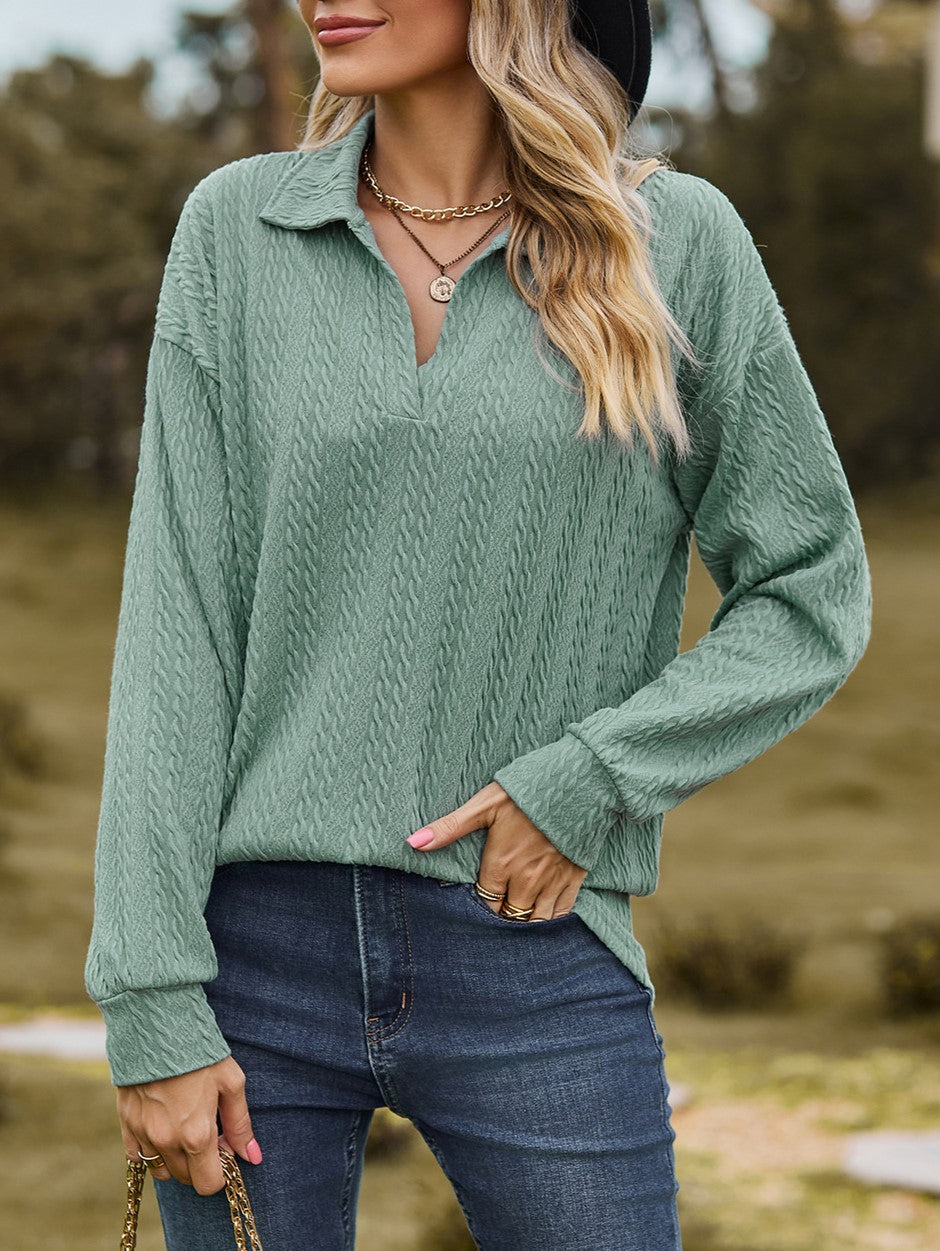Textured Jacquard Collared V Neck Top - Green - 2
