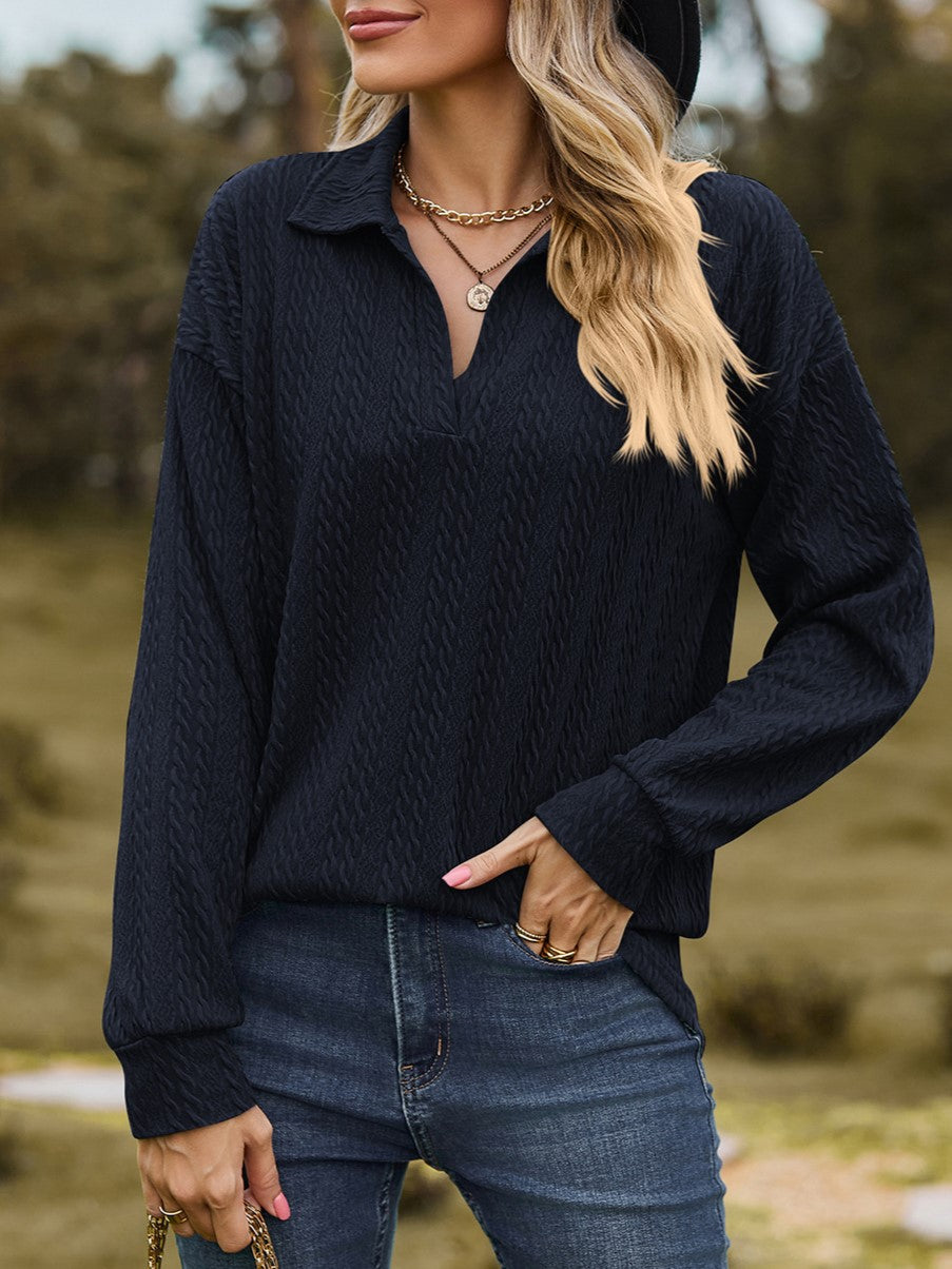 Textured Jacquard Collared V Neck Top - Navyblue - 1