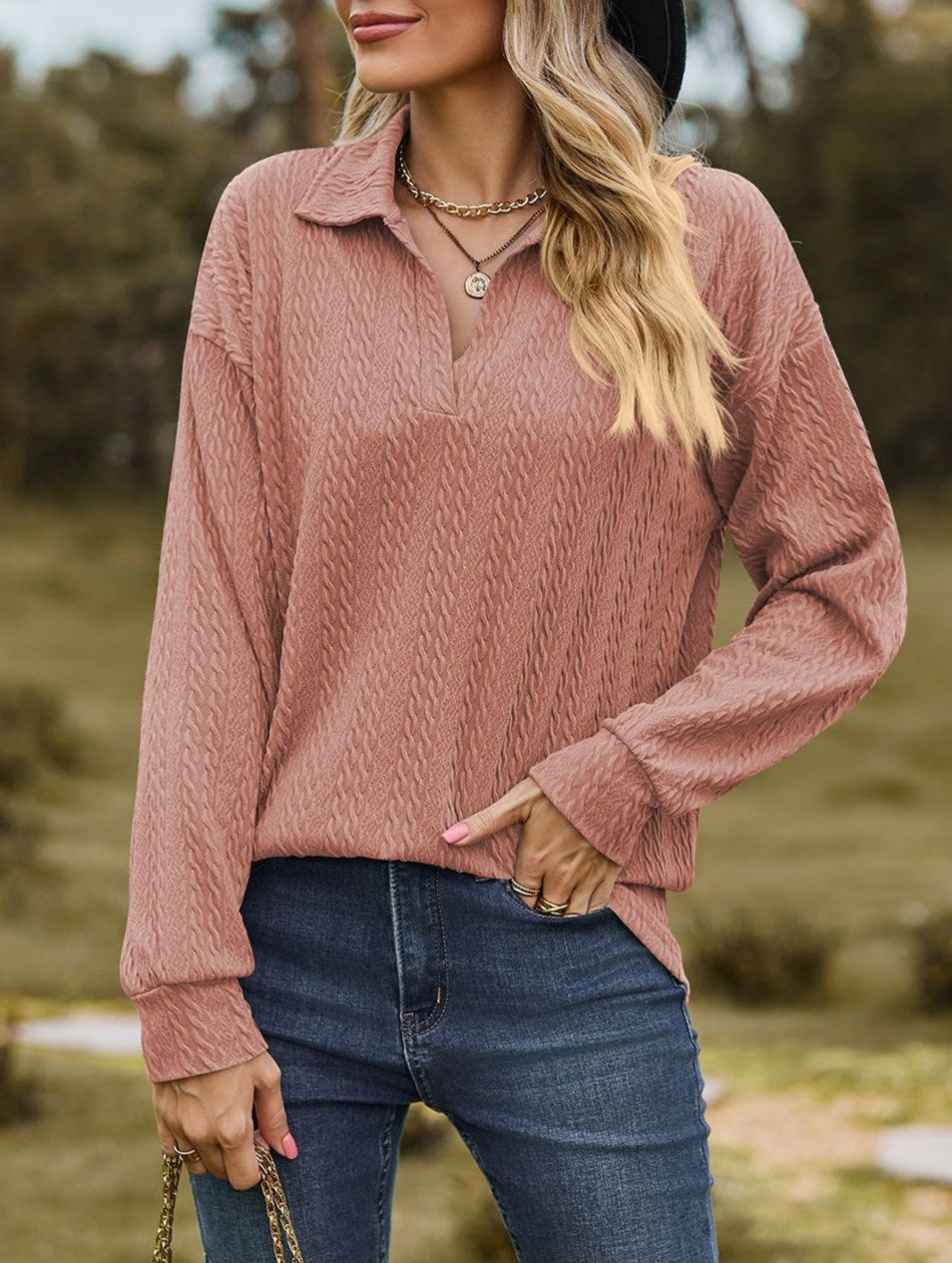Textured Jacquard Collared V Neck Top - Pink - 1