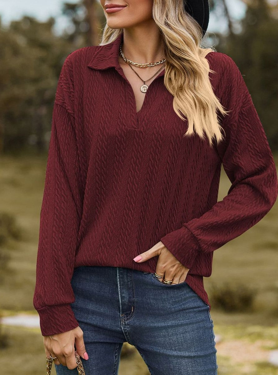 Textured Jacquard Collared V Neck Top - Winered - 1