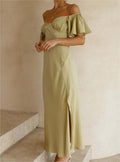 Ruffle Off Shoulder Satin Slip Maxi Dress - Matcha color