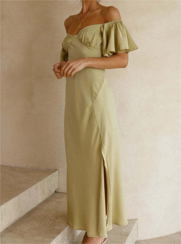 Ruffle Off Shoulder Satin Slip Maxi Dress - Matcha color