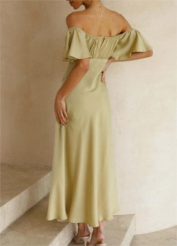 Ruffle Off Shoulder Satin Slip Maxi Dress - Matcha color - 1