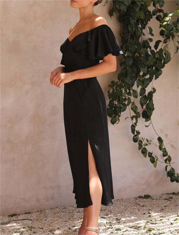 Ruffle Off Shoulder Satin Slip Maxi Dress - black - 1