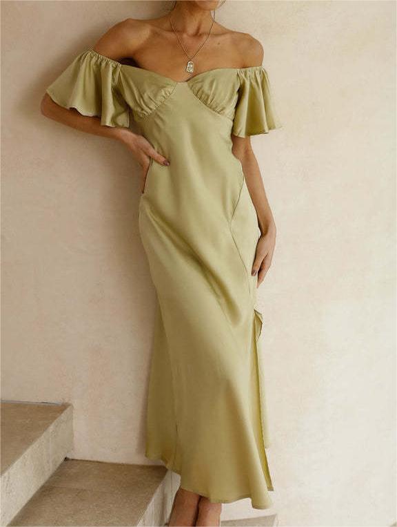 Ruffle Off Shoulder Satin Slip Maxi Dress - view 1