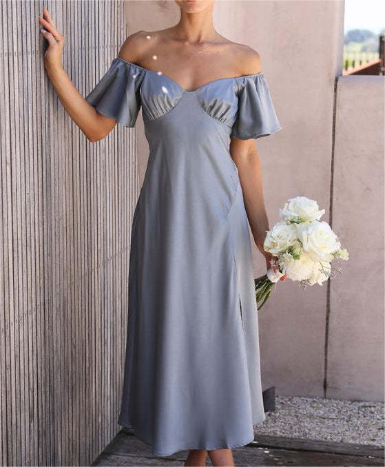 Ruffle Off Shoulder Satin Slip Maxi Dress - silvery