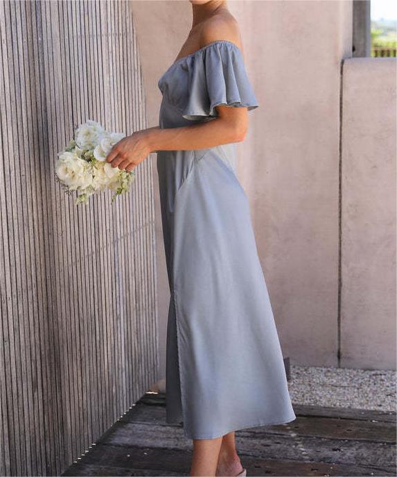 Ruffle Off Shoulder Satin Slip Maxi Dress - silvery - 1