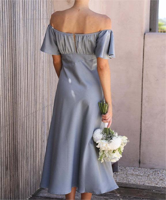 Ruffle Off Shoulder Satin Slip Maxi Dress - silvery - 2