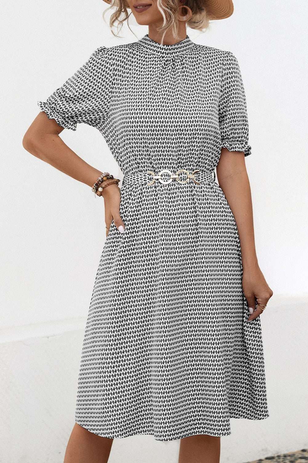 Micro Print Ruffle Neck Belted Midi Dress - Black