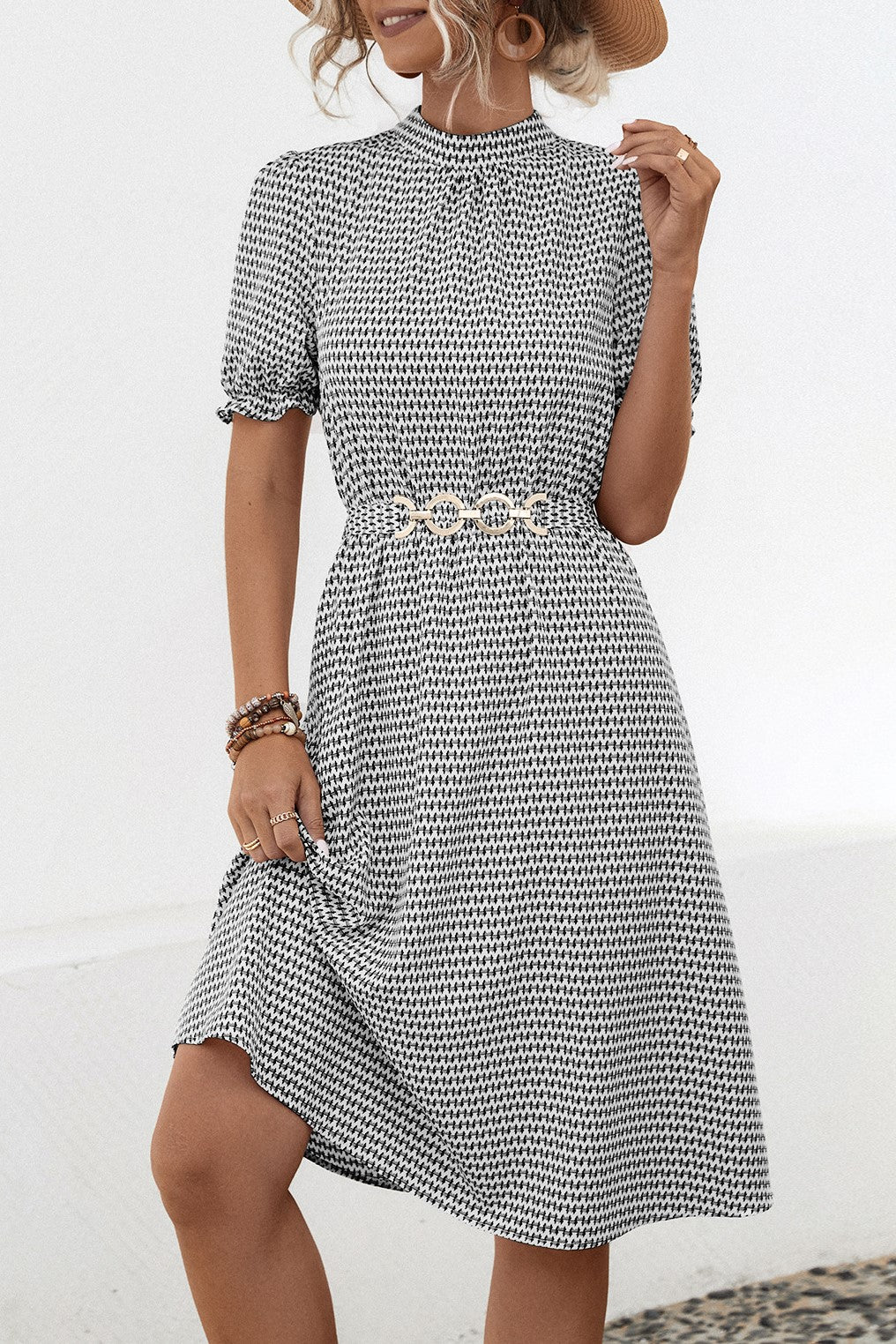 Micro Print Ruffle Neck Belted Midi Dress - Black - 1
