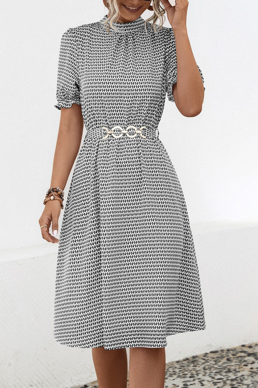 Micro Print Ruffle Neck Belted Midi Dress - Black - 2