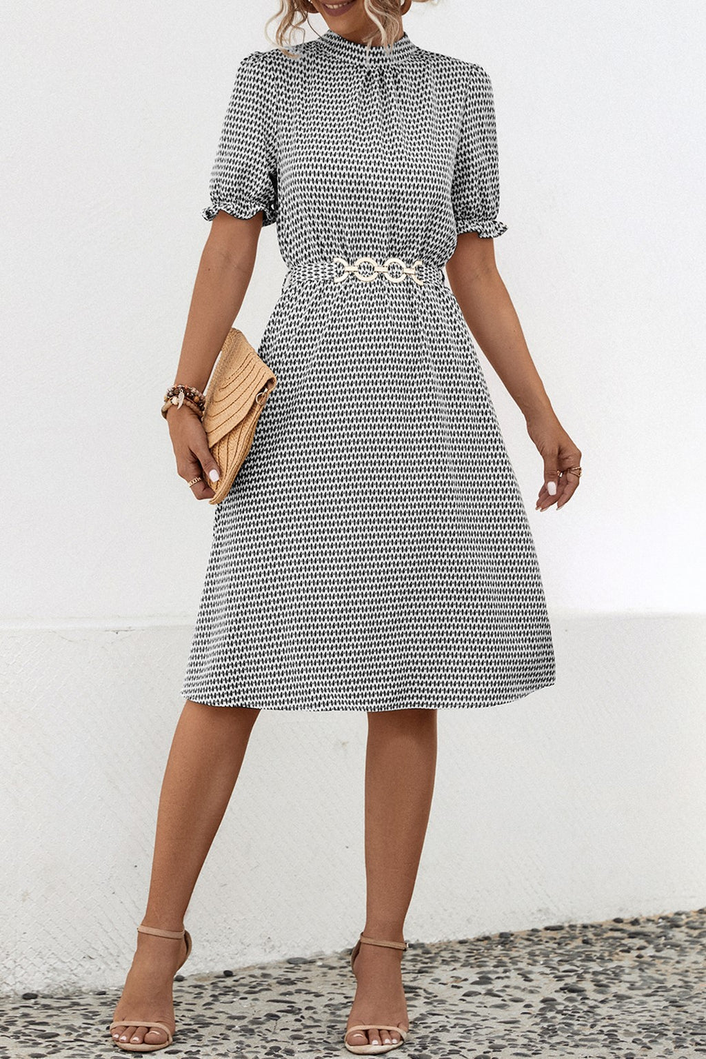 Micro Print Ruffle Neck Belted Midi Dress - Black - 4