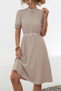 Micro Print Ruffle Neck Belted Midi Dress - Coffee