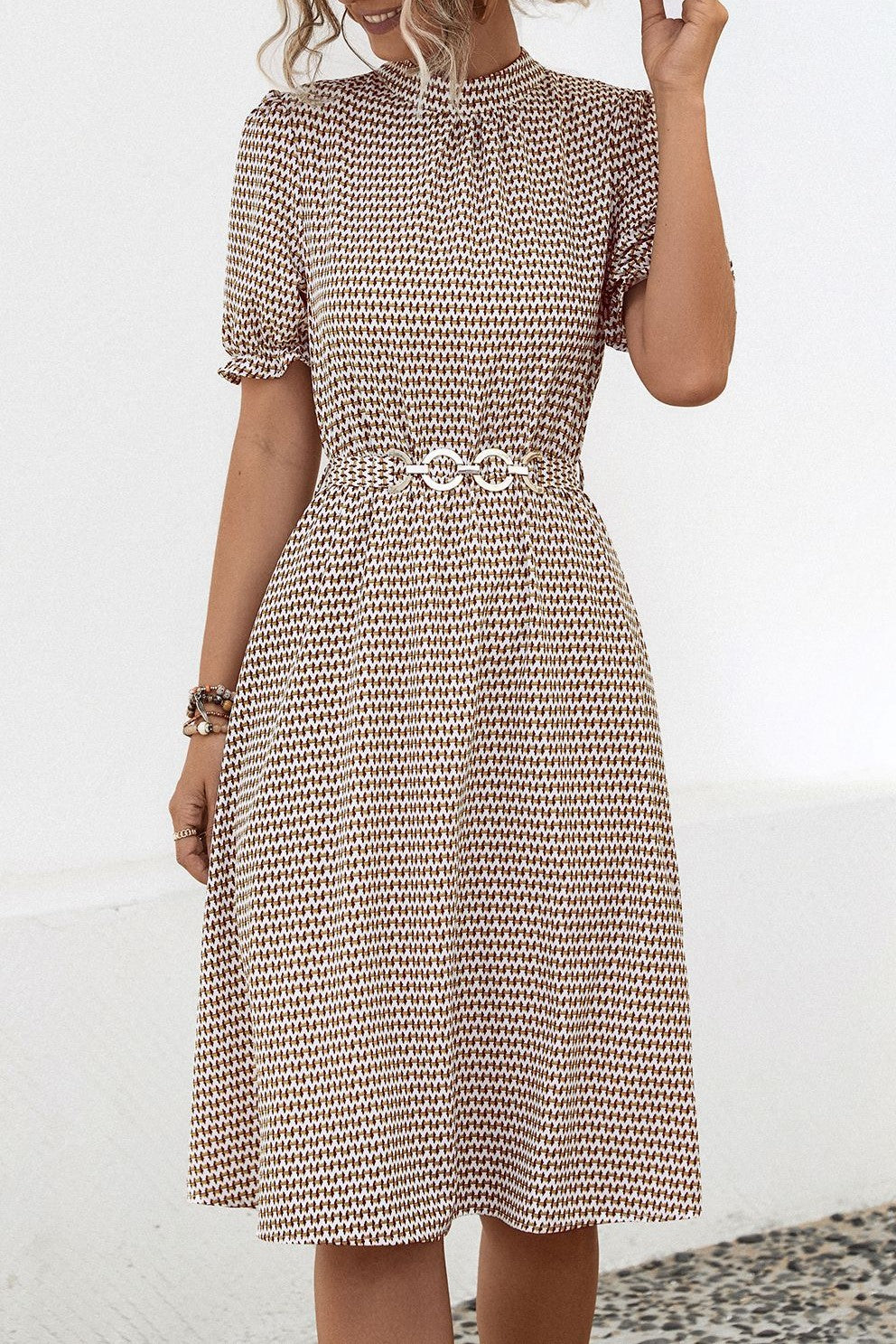 Micro Print Ruffle Neck Belted Midi Dress - Coffee - 1