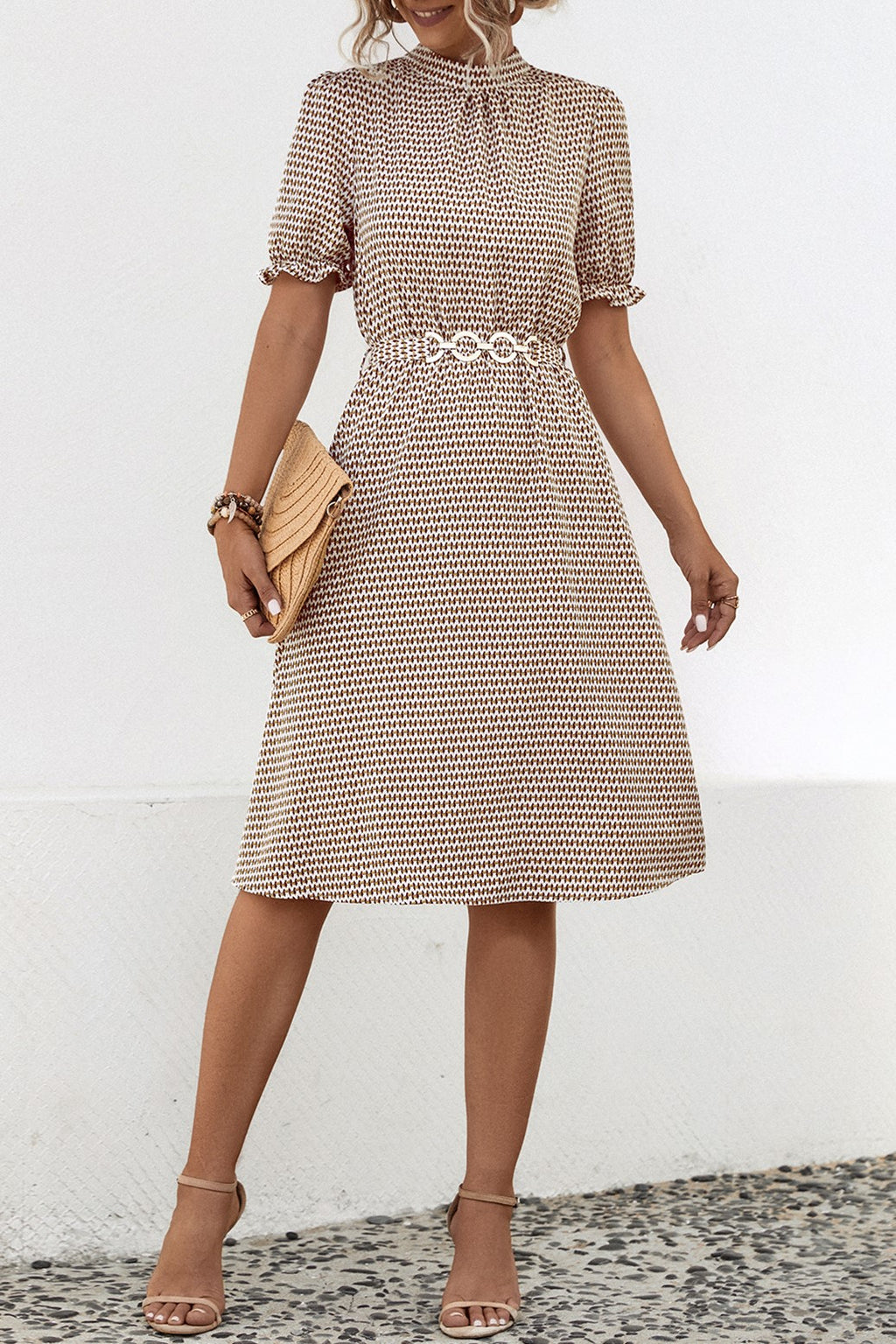 Micro Print Ruffle Neck Belted Midi Dress - Coffee - 2