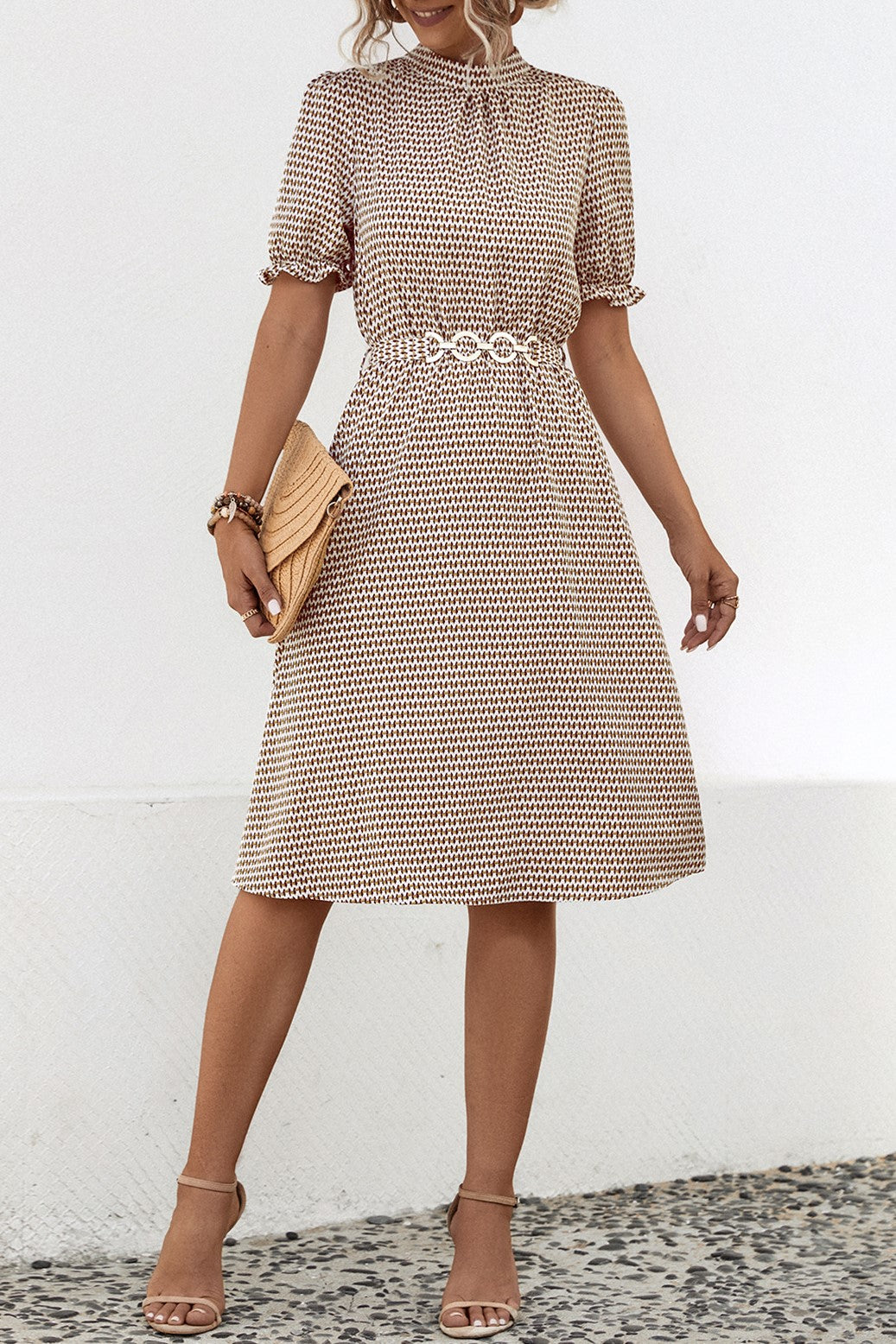 Micro Print Ruffle Neck Belted Midi Dress - Coffee - 2