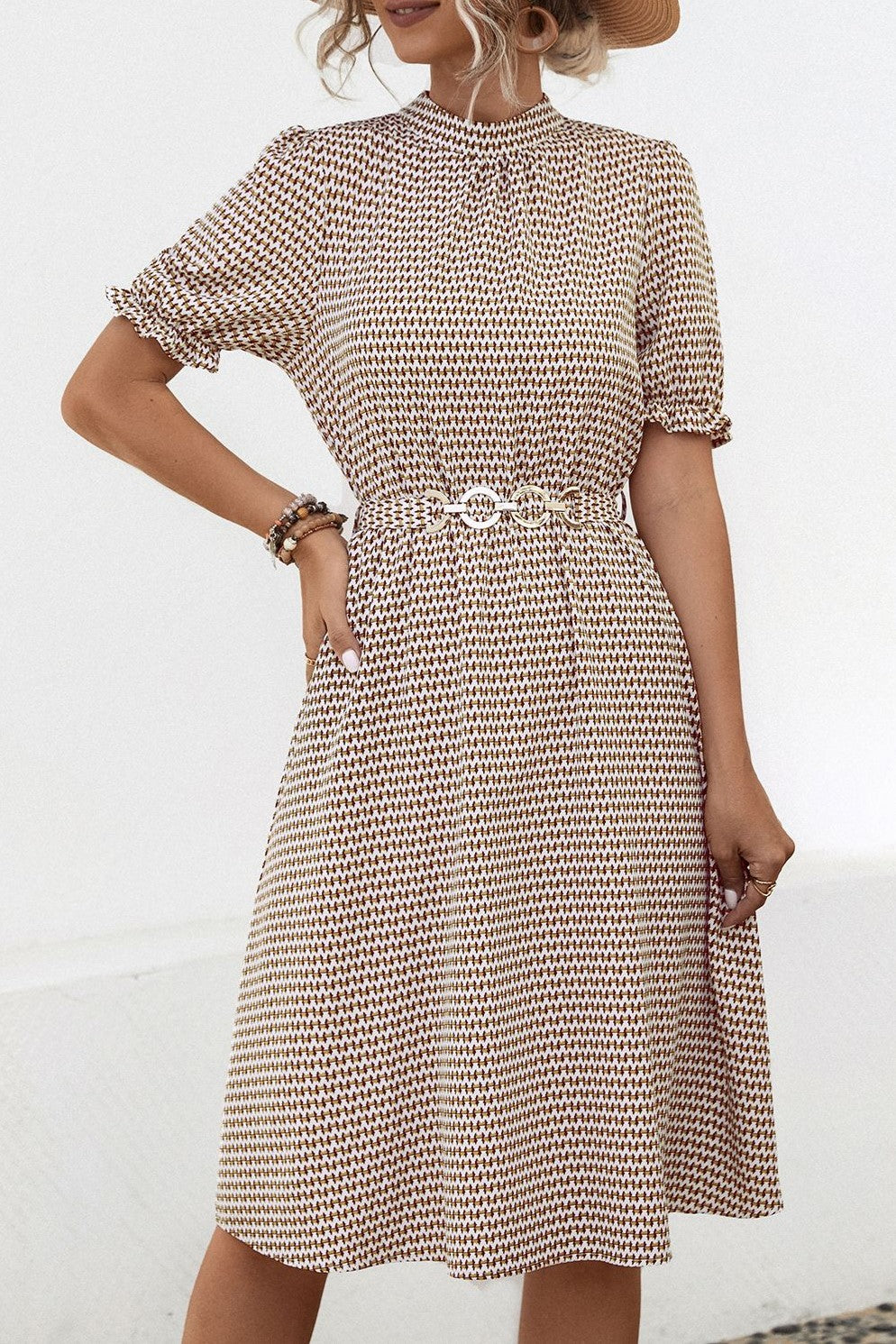 Micro Print Ruffle Neck Belted Midi Dress - Coffee - 3
