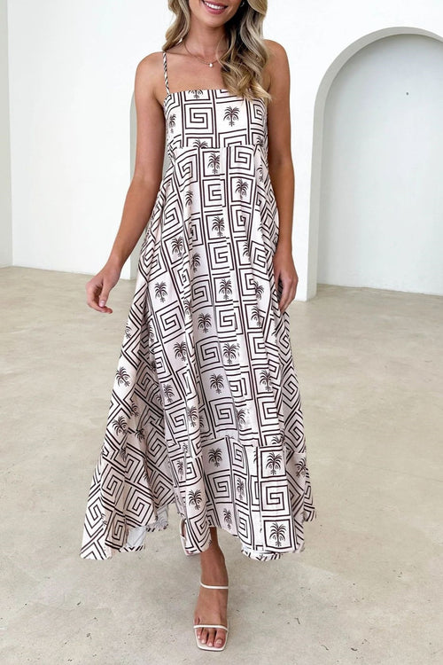 Abstract Print Square Neck Flared Maxi Dress - Beige-palm
