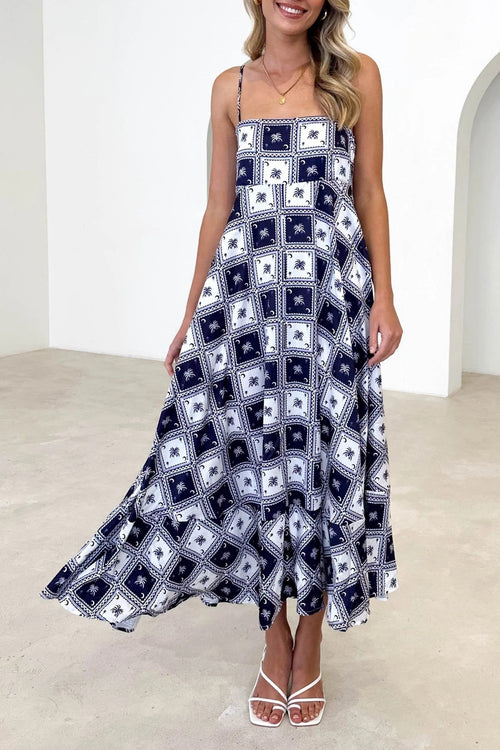 Abstract Print Square Neck Flared Maxi Dress - Black