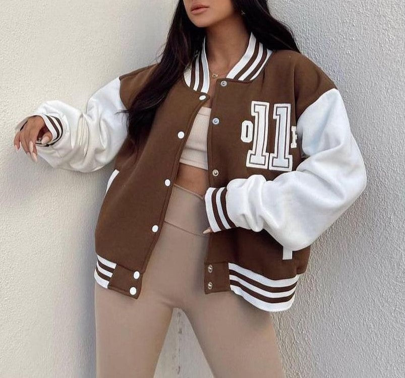 Colorblock Varsity Bomber Jacket With Patch - Camel
