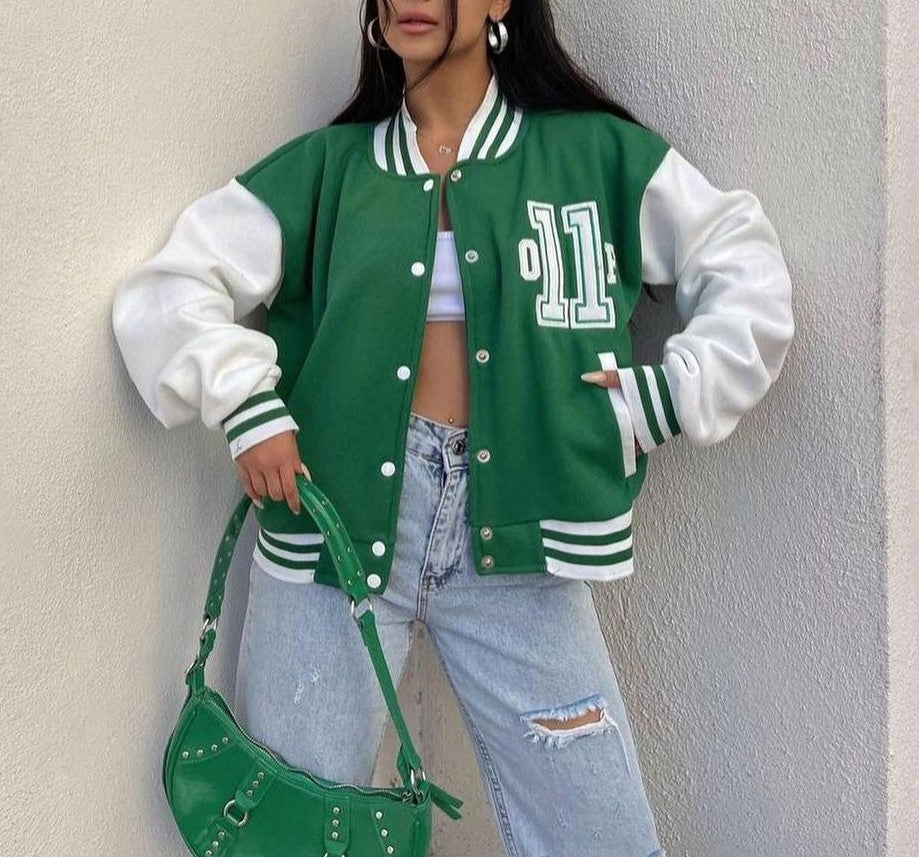 Colorblock Varsity Bomber Jacket With Patch - Green