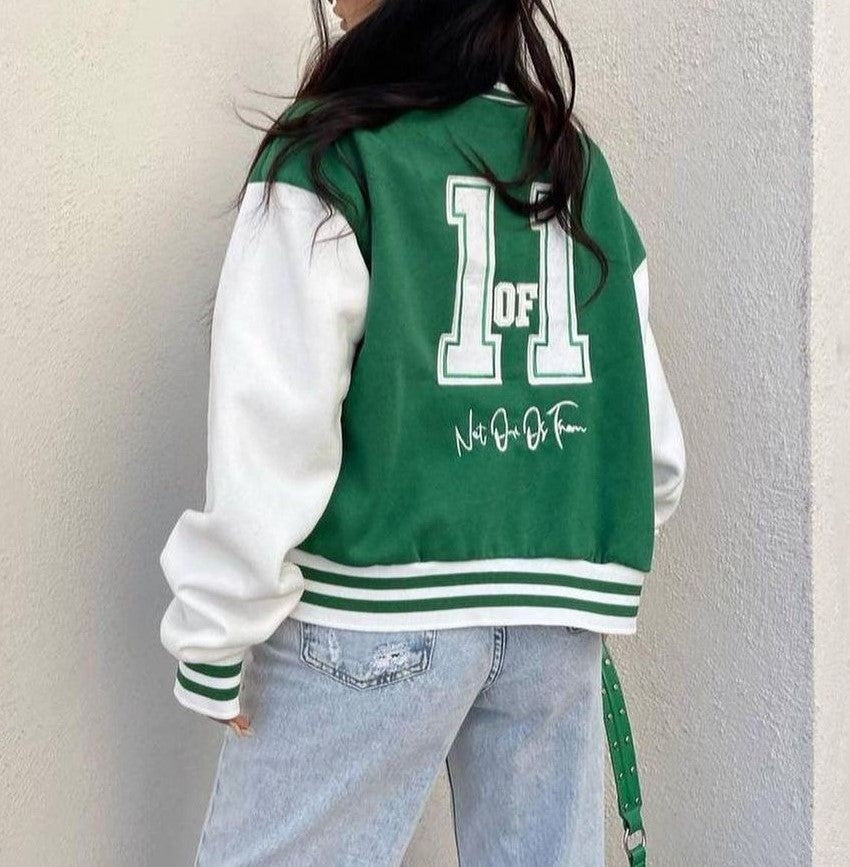 Colorblock Varsity Bomber Jacket With Patch - Green - 1