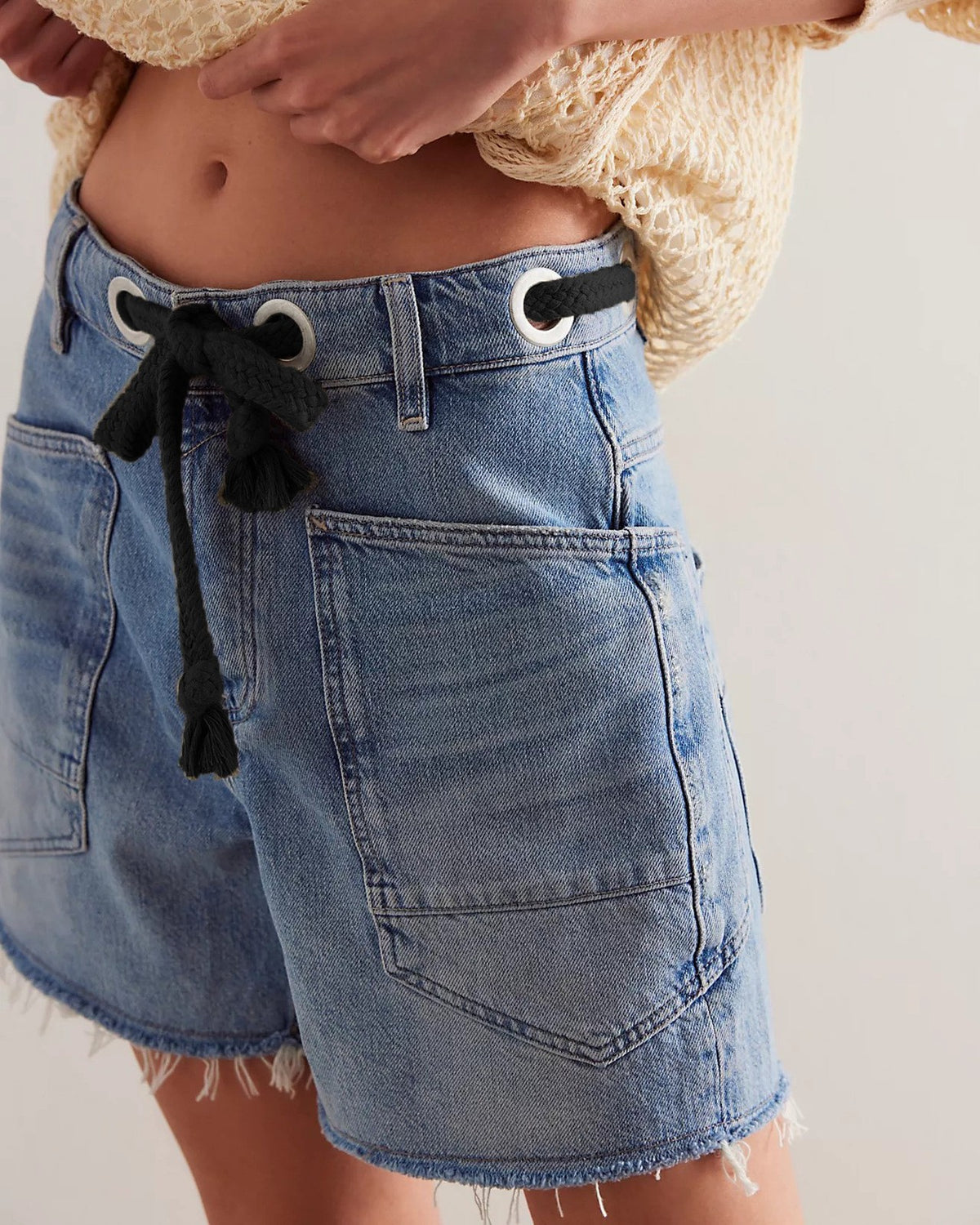 Drawstring Cargo Pocket Raw Hem Denim Shorts - Blue_1