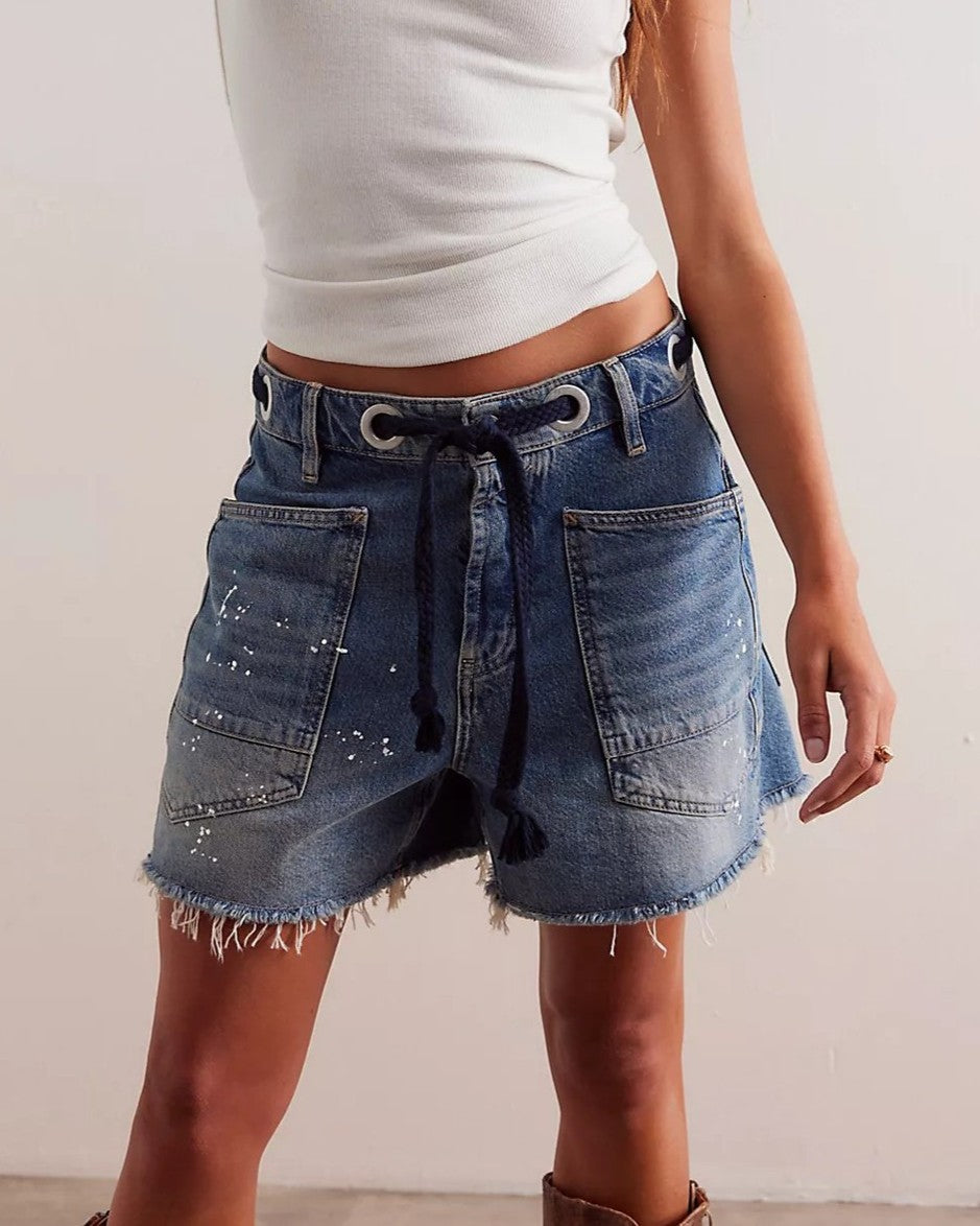 Drawstring Cargo Pocket Raw Hem Denim Shorts - Orange