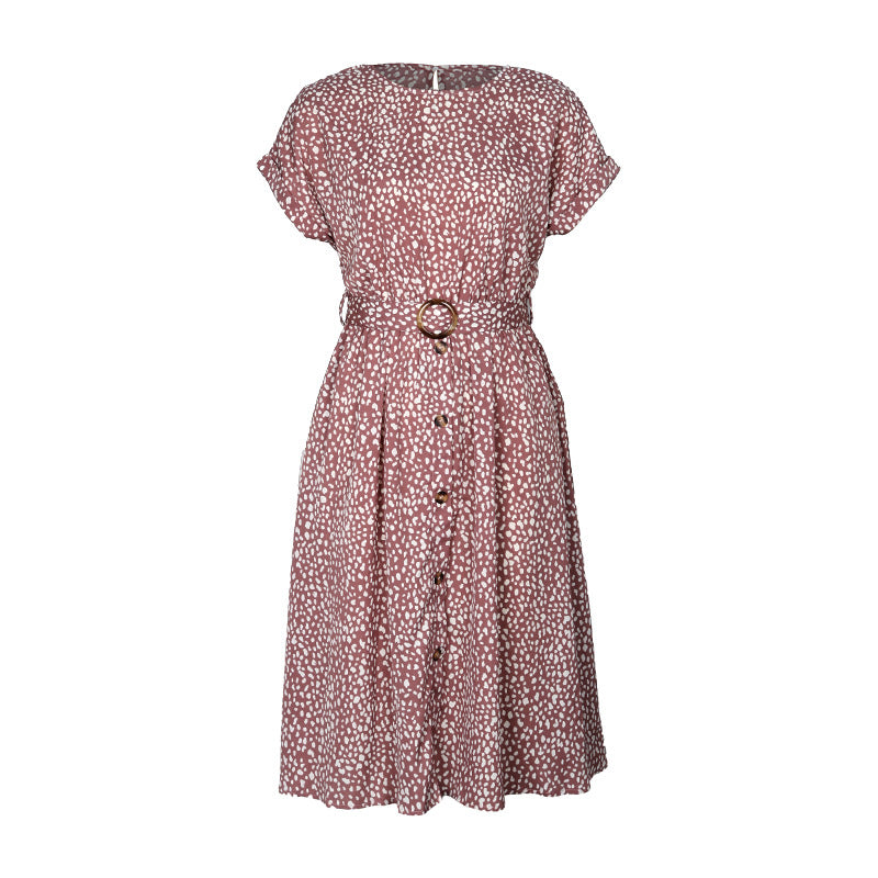 Printed Button Front Belted Midi Dress - Pink