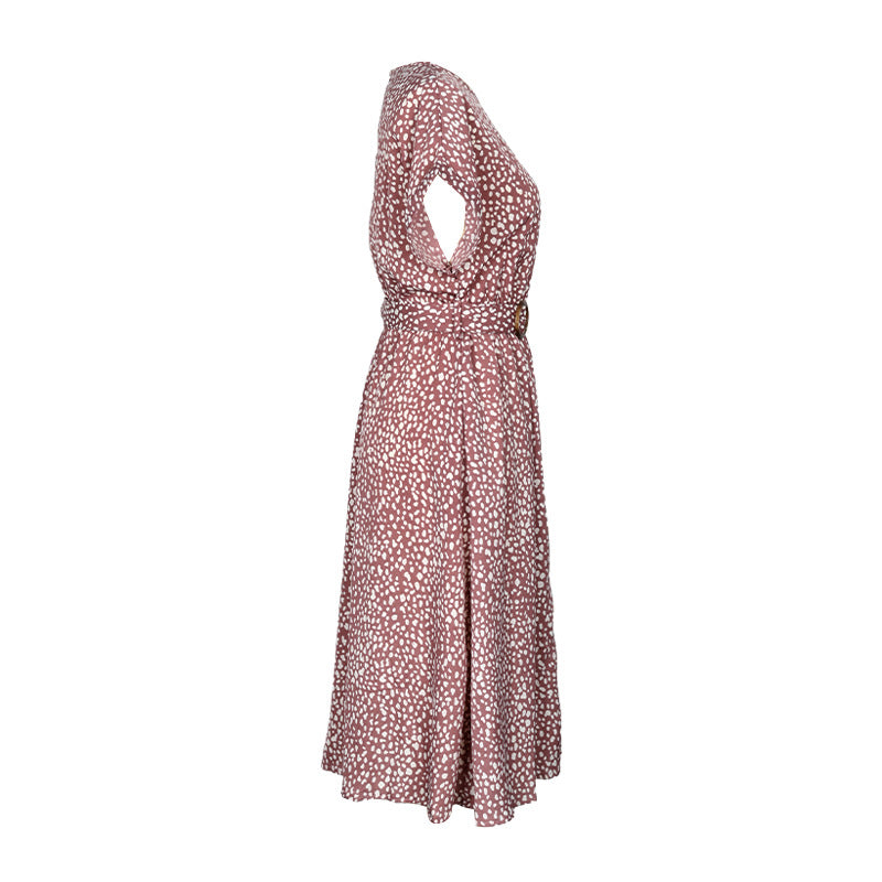 Printed Button Front Belted Midi Dress - Pink - 1