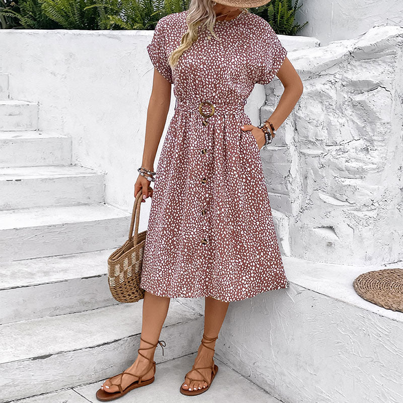 Printed Button Front Belted Midi Dress - Pink - 3