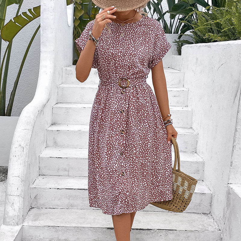 Printed Button Front Belted Midi Dress - Pink - 6