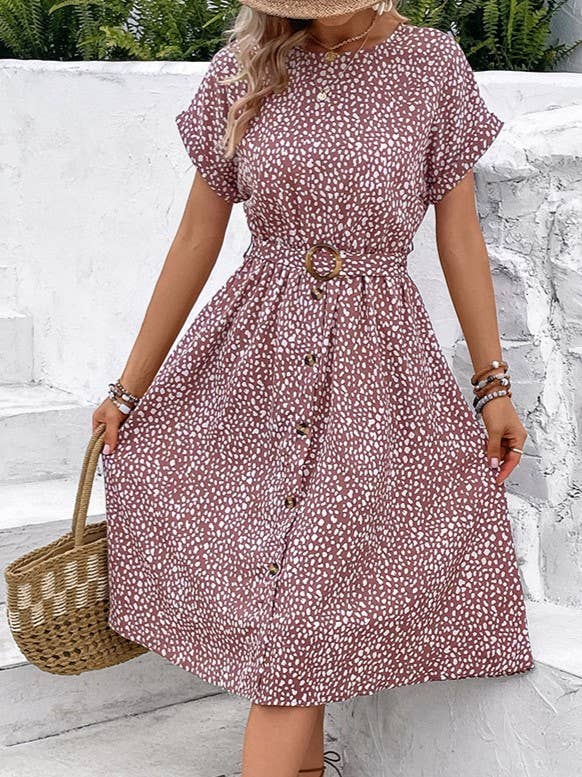 Printed Button Front Belted Midi Dress