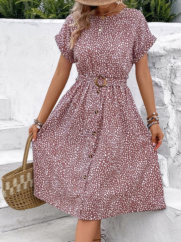 Printed Button Front Belted Midi Dress - view 1