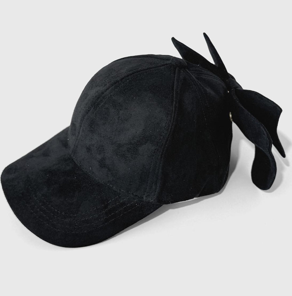 Faux Suede Baseball Cap With Detachable Back Bow - Black