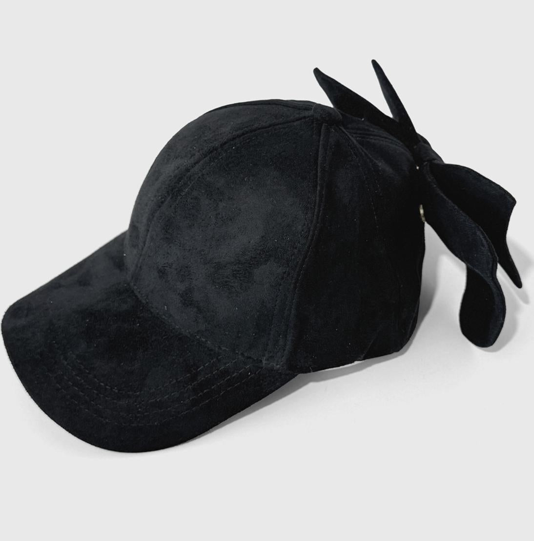 Faux Suede Baseball Cap With Detachable Back Bow - Black