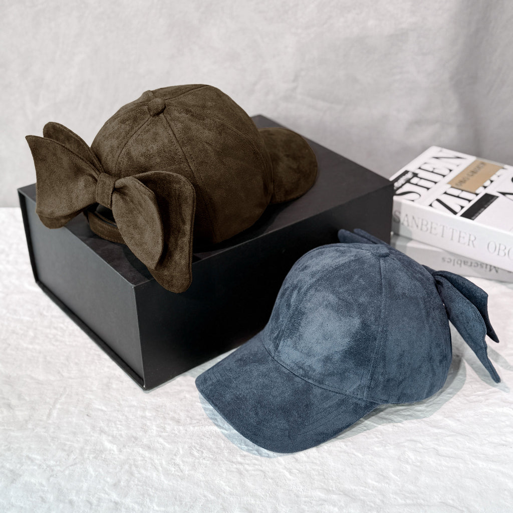 Faux Suede Baseball Cap With Detachable Back Bow - Black - 2