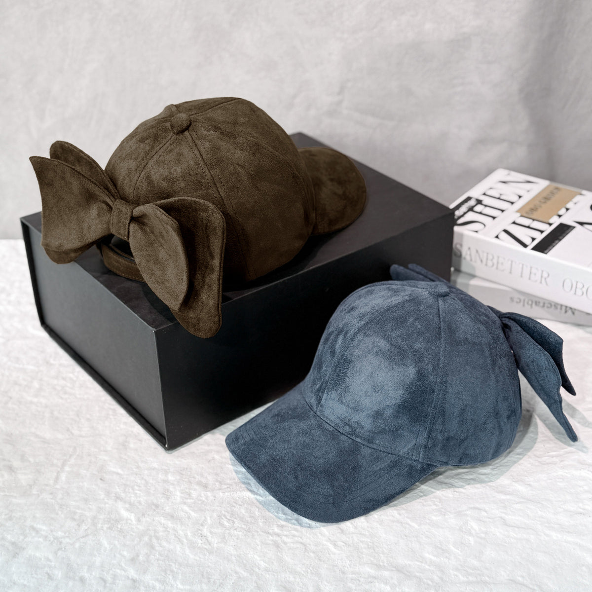 Faux Suede Baseball Cap With Detachable Back Bow - Black - 2