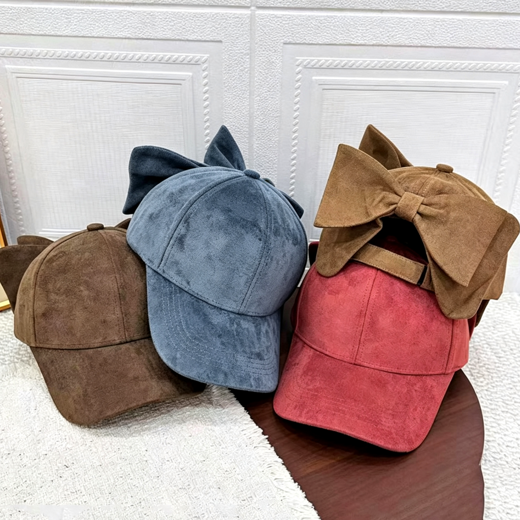 Faux Suede Baseball Cap With Detachable Back Bow - Black - 3